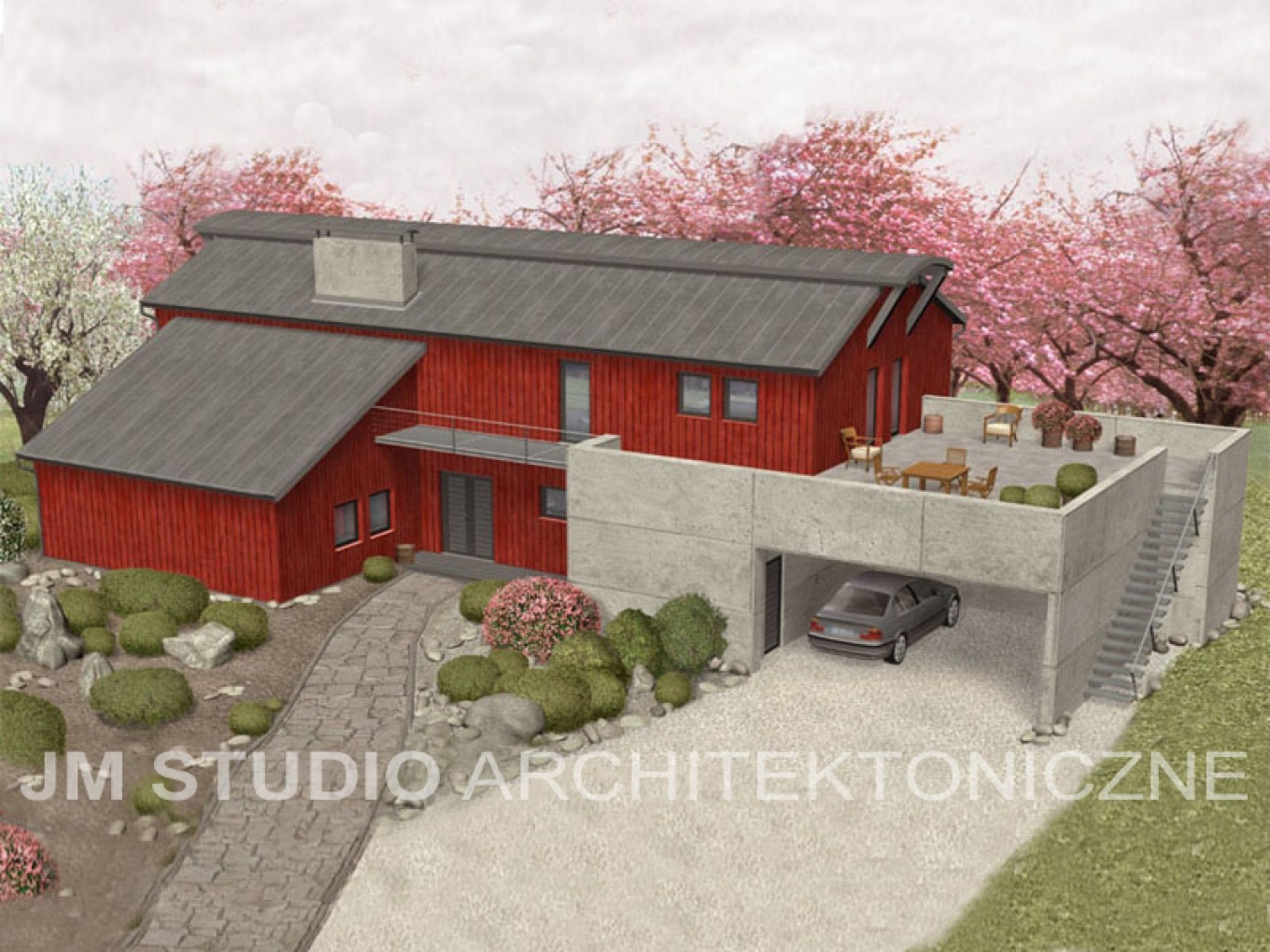 Gotowy projekt domu 220 m2 z wiatą garażową - 